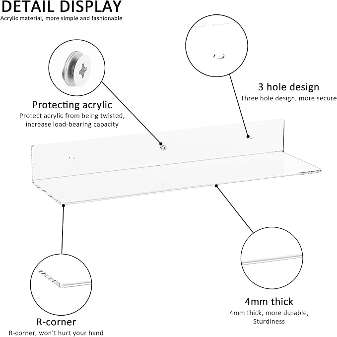 Sezanrpt 20 Inch Clear Wall Shelves for Wall, Wall Mounted Acrylic Floating Shelf for Plants, Speaker, Radio, Funko Pop, Stuffed Animal, Books, Cosmetics, Toiletries, 2 Pack (20 Inch) - Image 4