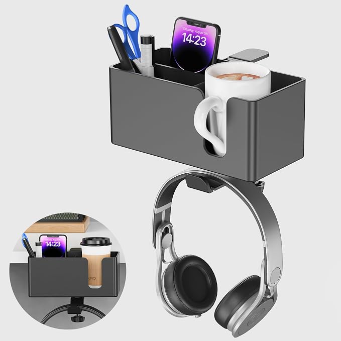 Desk Cup Holder Clamp with Headphone Hanger and Storage Tray by GamingAccessories