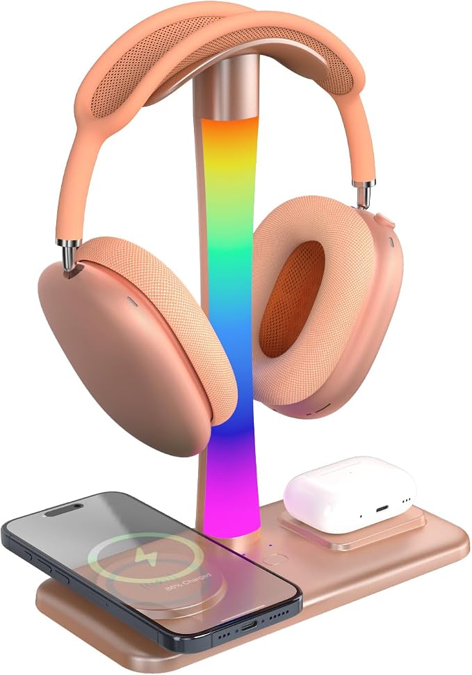 Headphone Stand with Wireless Charger,Gaming Headset stand with RGB Light Mode,For Airpod Max Stand Compatible with Airpod Pro/3/2,For iPhone 17/16/15/14/13/12/11,Gifts for Gamers & Music Lover (Gold) - Image 8