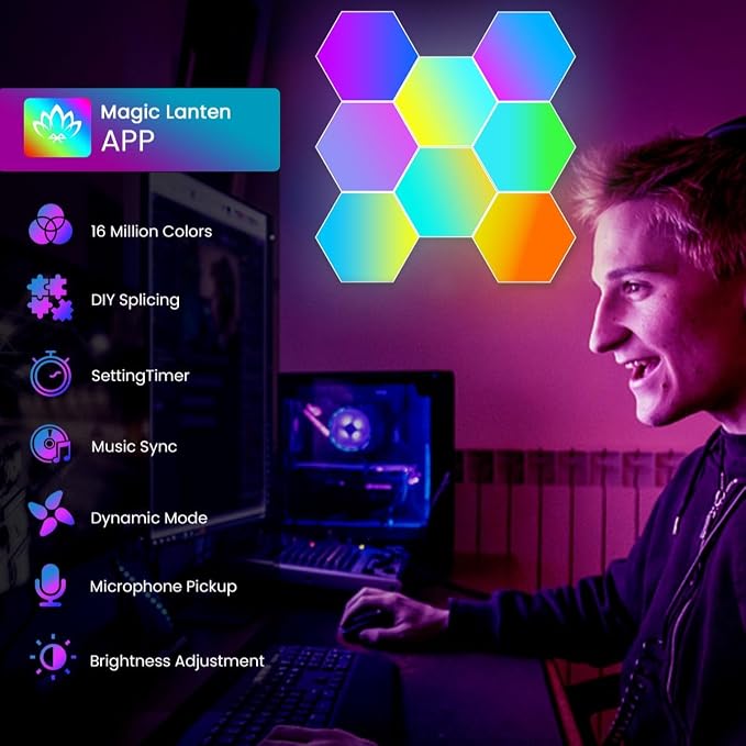 TISOFU 20 Pack Hexagon Lights LED Wall Panels, RGB Gaming Lights with APP/Music Sync & Remote, DIY Smart Modular Hexagonal Honeycomb Glide Hex Tiles Panel, Bedroom Party Decor Gifts - Image 5