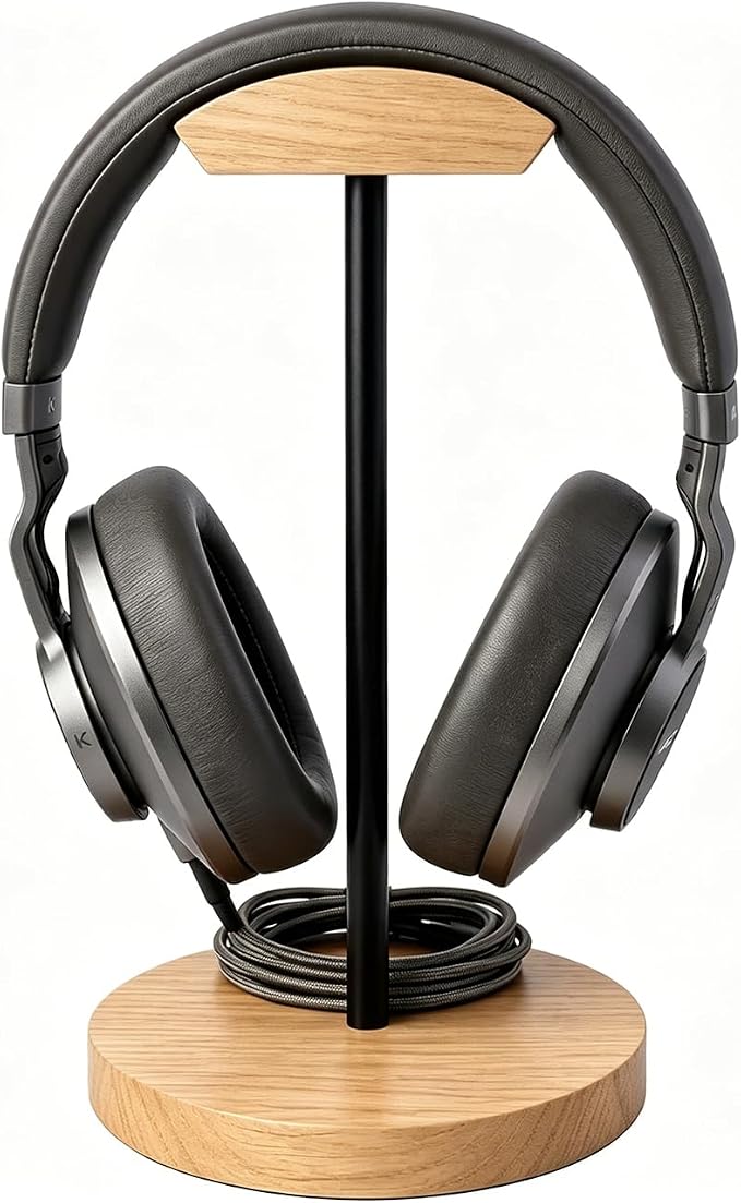 Headphone Stand Nature Wood & Metal Headset Hanger Mount Hook Gaming Holder Desktop Earphone Artful Functional Craftmanship Stand for All Headsets with Solid Wooden Base by Bliocefo