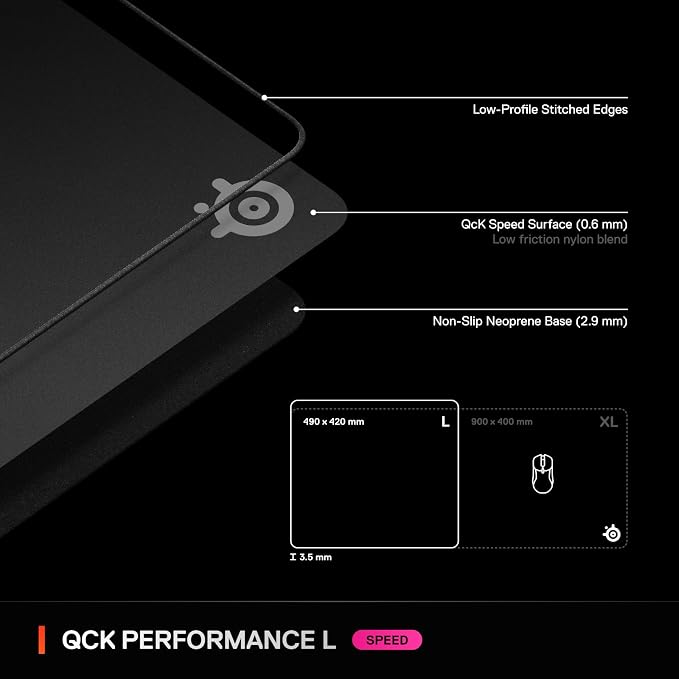 SteelSeries QcK L Performance Speed Gaming Mousepad — Extra Density for a Smooth Glide — Low-Profile Edge Stitching — Non-Slip Neoprene Rubber Base — 16.54 x 19.29 inch — FPS, MOBAs, RTS, MMO - Image 7
