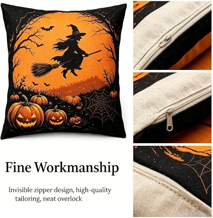 Halloween Throw Pillow Covers, Witch and Black Cat Design, Linen, 18x18 Inch, Set of 2, Invisible Zipper, Indoor Living Room Decor - Image 4