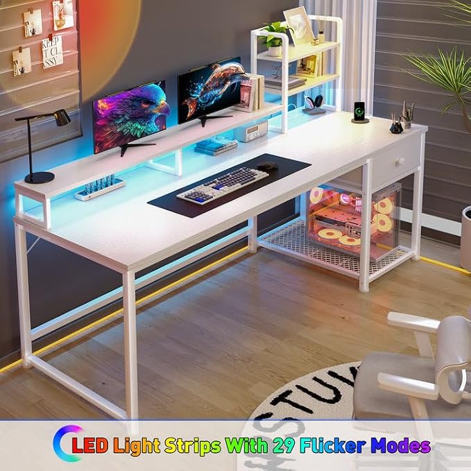 EnHomee 55" Reversible White Computer Desk with Hutch, USB & LED - Image 5