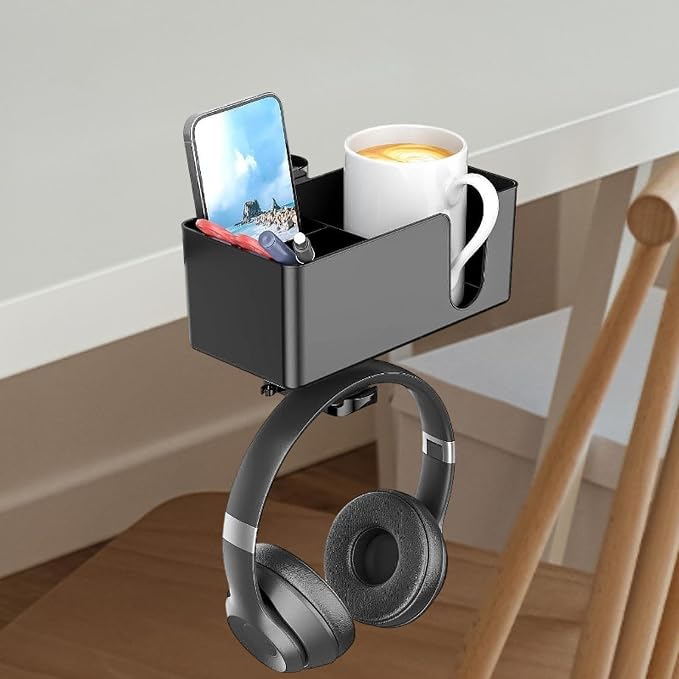4 in 1 Desk Cup Holder,Desktop Unit Clamp on with Headphone Hanger and Storage Space, Black - Image 4