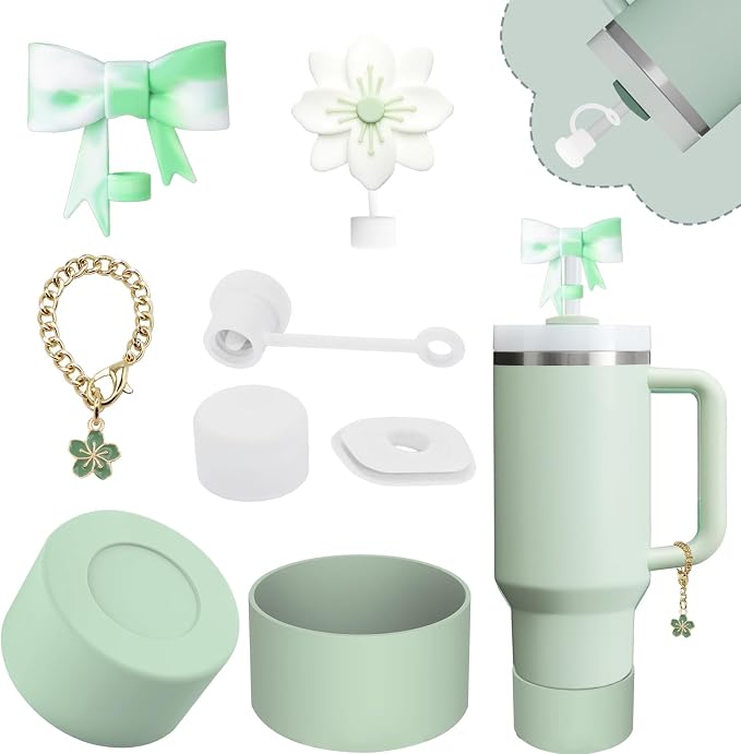 Stanley Cup Accessories Set,Including 2 Pcs 0.4in Straw Cover, 1 Silicone Spill-Proof Stopper Set of 3, 1 Cute Flowers Handle Charm, 1 Silicone Boot Fits Stanley 40&30 Oz Tumbler (Matcha Cream) by Vikgle