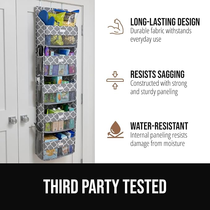 GORILLA GRIP Over The Door Organizer Storage, 5 Deep Hanging Shelves, Holds 50lbs, Closet Organizers Shelf for Bedroom, Shoes, Bathroom, Nursery, Dorm Essentials, 58x15 Inches, Quatrefoil - Image 5