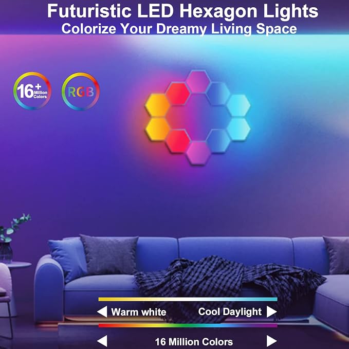 Gaming LED Hexagon Lights, Smart Hexagon Wall Lights App and Remote Control, LED Light Panels for Wall Music Sync, DIY Geometry RGB Gaming Room Decor for Living Bedroom Streaming, 7 Panels - Image 4