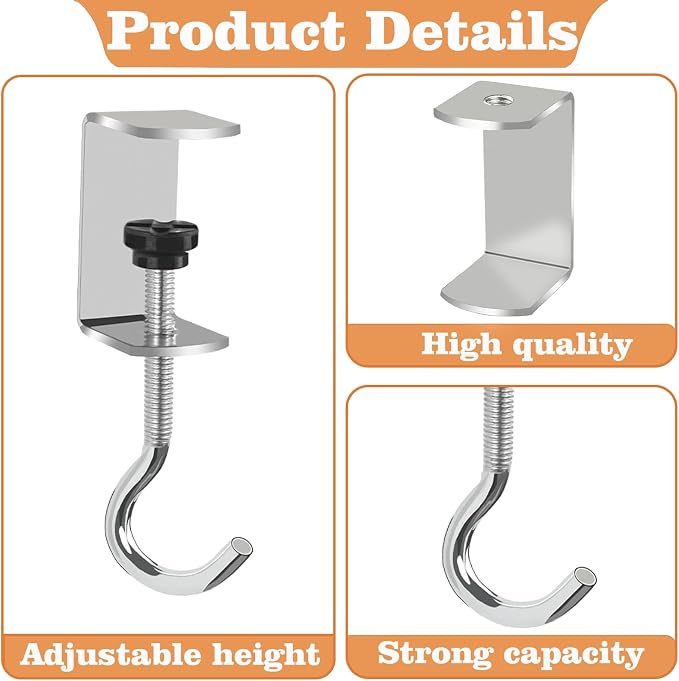 6 Pcs Adjustable Table Hooks for Hanging Bags, Heavy Duty Metal Backpack Hooks for Desk - Image 3