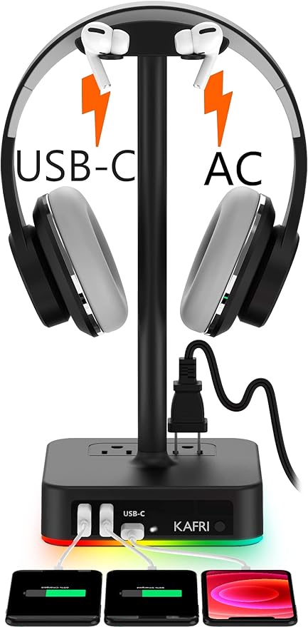 KAFRI RGB Headphone Stand with USB A&C Charger Desk Gaming Headset Holder Hanger Rack with 3 USB Charging Port and 2 Outlet - Suitable for Gamer Desktop Table Game Earphone Accessories Boyfriend Gifts by Unknown