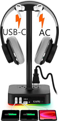 KAFRI RGB Headphone Stand with USB A&C Charger Desk Gaming Headset Holder Hanger Rack with 3 USB Charging Port and 2 Outlet - Suitable for Gamer Desktop Table Game Earphone Accessories Boyfriend Gifts by Unknown