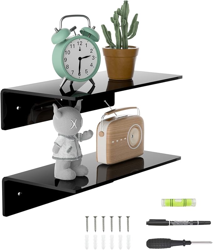 Sezanrpt 12 Inches Acrylic Wall Shelves 2 Pack, Floating Shelf for Wall Mounting, Acrylic Display Ledges for Funko Pop Figures, Home Décor, Living Room, Gaming Room, Plants(12 inch, Black) by Sezanrpt
