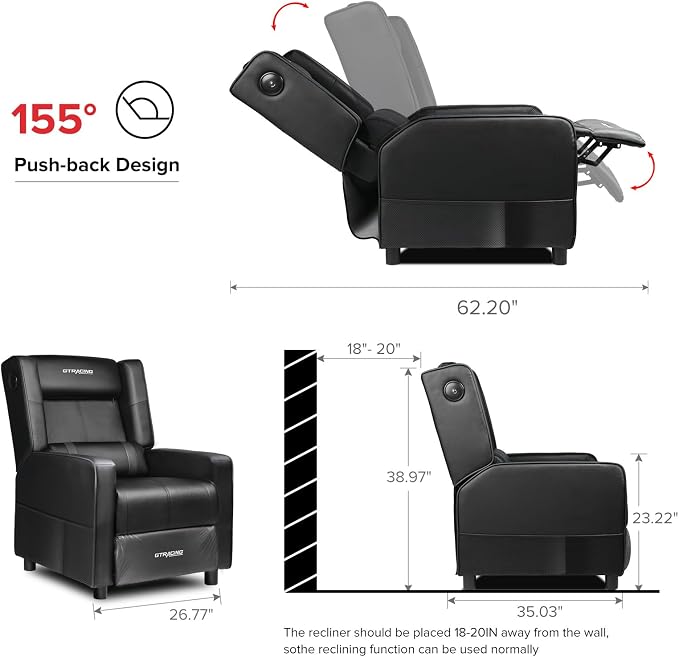 GTRACING Gaming Recliner Chair with Bluetooth Speakers Racing Style Single Gaming Sofa Modern Living Room Recliners Ergonomic Comfortable Massage Home Theater Seating, Black - Image 2
