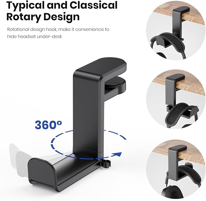 EURPMASK Rotating Headphone Stand,Adjustable Clamp-on Headset Holder Hanger | 360 Degree Swivel,Headset Hook Under Desk,No Residue,Cable Organizer,Soft Rubber Pads,Keep Headphones Secure&Desk Tidy,Black - Image 5