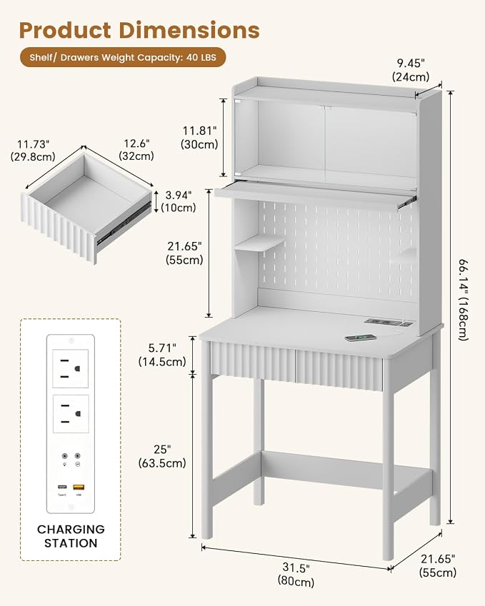 HNEBC White Computer Desk - with Power Outlets & Chariging Station,Small Writing Desk with Hutch and Drawers,66.3''H Office Desk with Pull-Out LED Lights,Pop-up Glass Door,Pegboards,Bedroom - Image 2