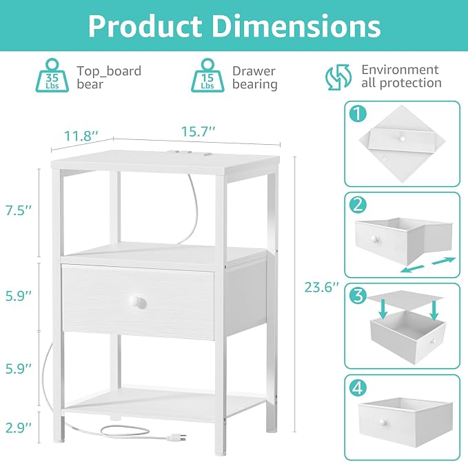 BOLUO White Nightstand with Charging Station, LED Night Stand with Fabric Drawers and Shelf, Bedside Table with USB Ports and Outlets, Bedroom Nightstand Modern - Image 3