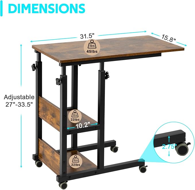Hadulcet C Shaped Side Table Adjustable, Height Adjustable C Table with Wheels and Storage Shelves for Couch Bed Recliner Rustic Brown - Image 3