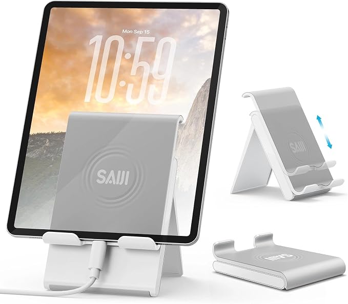 SAIJI Adjustable Tablet Stand Holder Portable Foldable Desktop Stand Dock Compatible for iPad, iPhone, Nintendo Switch, Samsung Galaxy and Kindle Fire Tablets – Gray by SAIJI