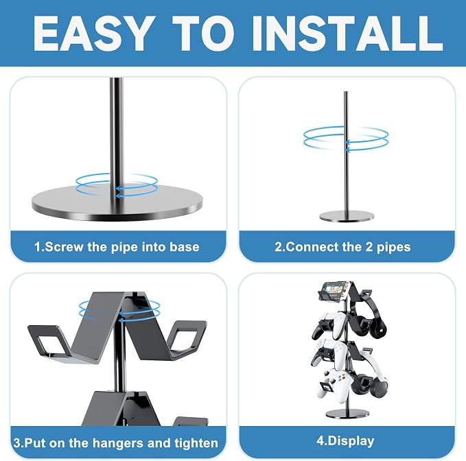 Controller Holder 4 Tier,Headphone Stand for Xbox PS5 PS4 | Classical "W" shape,Adjustable,Gamepads and headset storage,For Gamer,Black,Stable,Gaming gift - Image 4