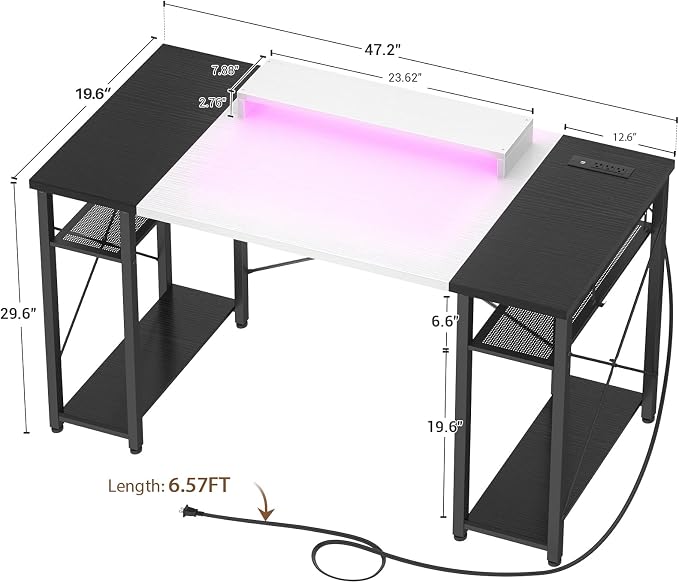 Armocity Computer Desk with LED Lights, 48 Inch Desk with Power Outlet and USB, Reversible Large Desk with Moveable Monitor Stand, 48'' Gaming PC Table for Home Office, Workstation, White and Black - Image 3