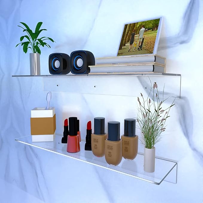 Sezanrpt 24 Inches Clear Floating Shelves for Wall, Acrylic Long Wall Shelf, Wall Mounted Shelves for Plants, Speaker, Radio, Funko Pop, Stuffed Animal, Books, Cosmetics, Toiletries, 2 Pack (24 Inch) - Image 5