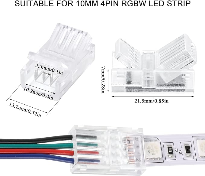 Flutesan 20 Pcs 4 Pin 10 mm LED Strip Connector RGB Lights Waterproof Adapter 22 AWG Wires Connector for Strip Light Unwired Gapless Track 5v 12v 24v - Image 2