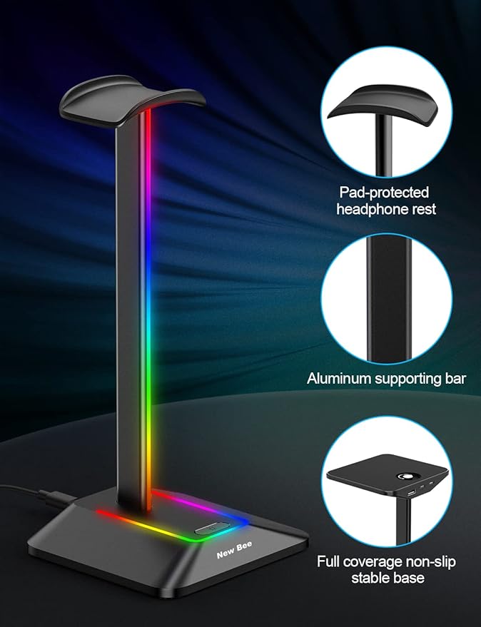 New Bee Headphone Stand with RGB Lighting, Sturdy Aluminum Gaming Headset Holder with USB-C & USB Charging Ports, Stable Desktop Earphone Stand for All Headphones Size, Black | USB-C & USB Charging Ports, Stable Desktop Earphone Stand for All Headphone... - Image 4
