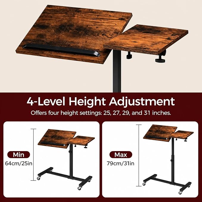 MAHANCRIS Overbed Table with Wheels, Height Adjustable Overbed Bedside Table, Tilting Desktop Mobile Standing Desk, C-Shaped Side Table for Livingroom or Bedroom, Rustic Brown and Black ETHR6801 - Image 4