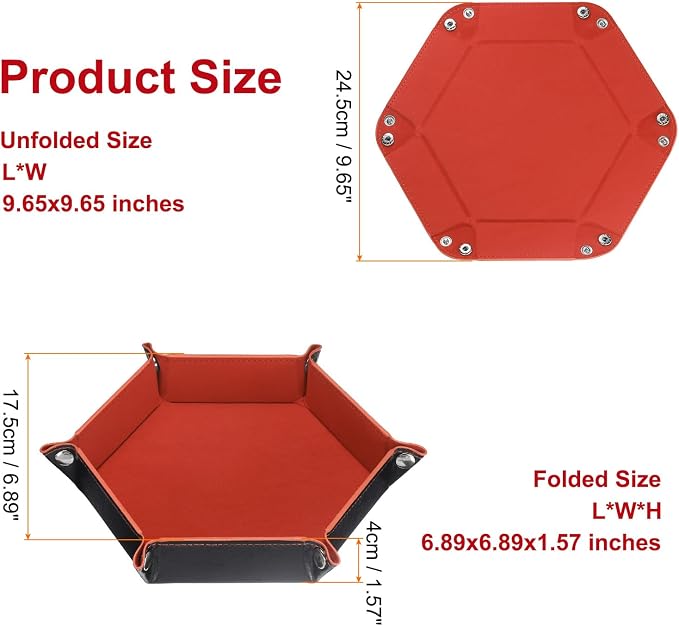 HARFINGTON PU Leather Dice Tray Unisex Valet Tray Folding Hexagon Tray Portable Entryway Table Nightstand Bedside Desk Holder for Key Wallet Watch Coin Jewelry, Orange - Image 2