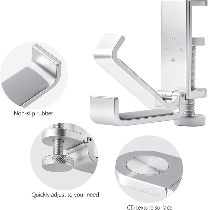 All Aluminum Foldable Headphone Holder for Desk, Headset Stand for Desk,Backpack Holder Hook for Desk,Table Bag Hook,Under Desk Clamp Hook for Gaming PC Accessories,Steel Silver - Image 4