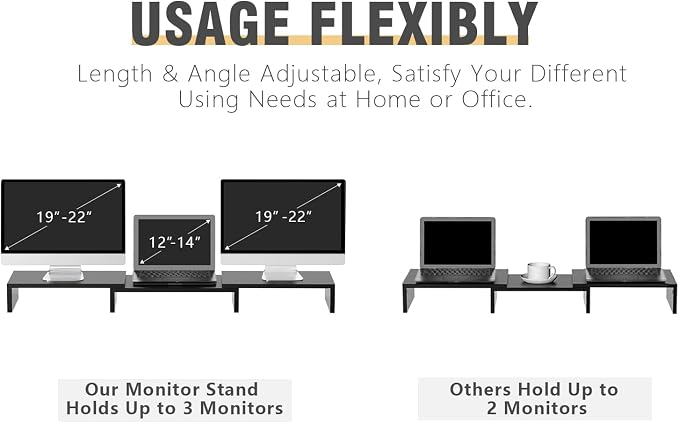 TAVR Dual Monitor Stand Riser Office Desktop Organizer Stand for 2 Monitors, Adjustable Length and Angle 3 Shelf, Extra Long Multifunctional Stand up to 48.2" fit Computer, Laptop, TV, Black - Image 4