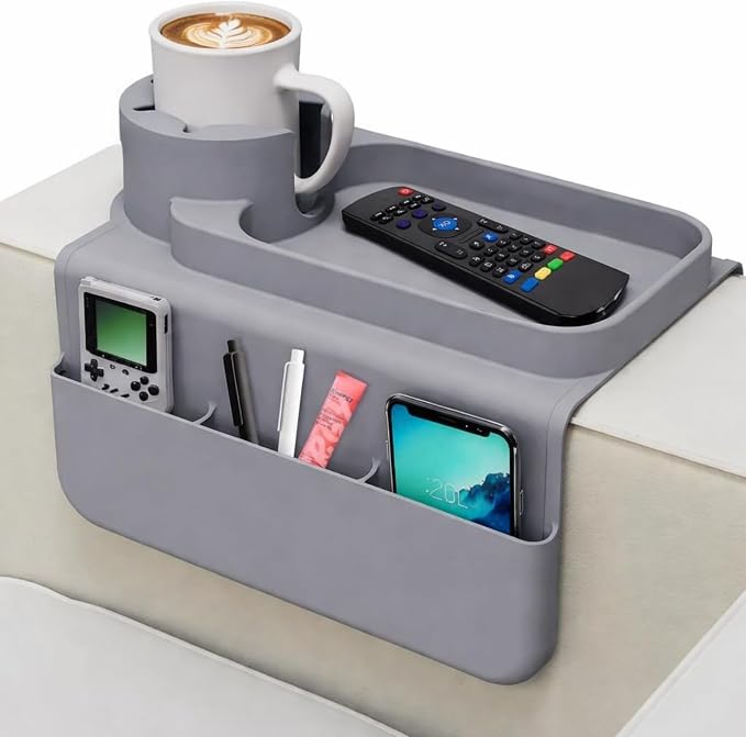 Silicone Couch Caddy Cup Holder Tray, 3-Side Sofa Armrest Organizer with Secure Gear-Shaped Locking Holder & Large Tablet Slot, Non-Slip Weighted Armchair Caddy, Couch Accessories (Grey) by Unknown