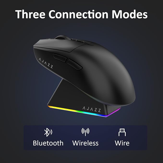 AJAZZ AJ139 V2 MC Wireless Gaming Mouse with RGB Charging Dock, 66g Ultra-Lightweight Tri-Mode Optical Mouse, 12000 DPI PAW3311 Sensor, Ergonomic Rechargeable Gaming Mouse for PC/Mac - Black - Image 3