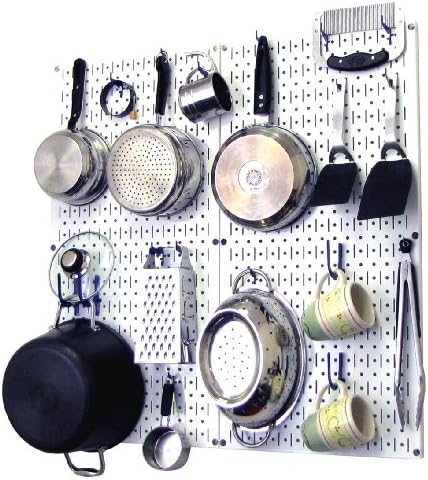 Wall Control Kitchen Pegboard Organizer Pots and Pans Storage Rack Organization Kit with White Pegboard and Blue Accessories by Wall+Control