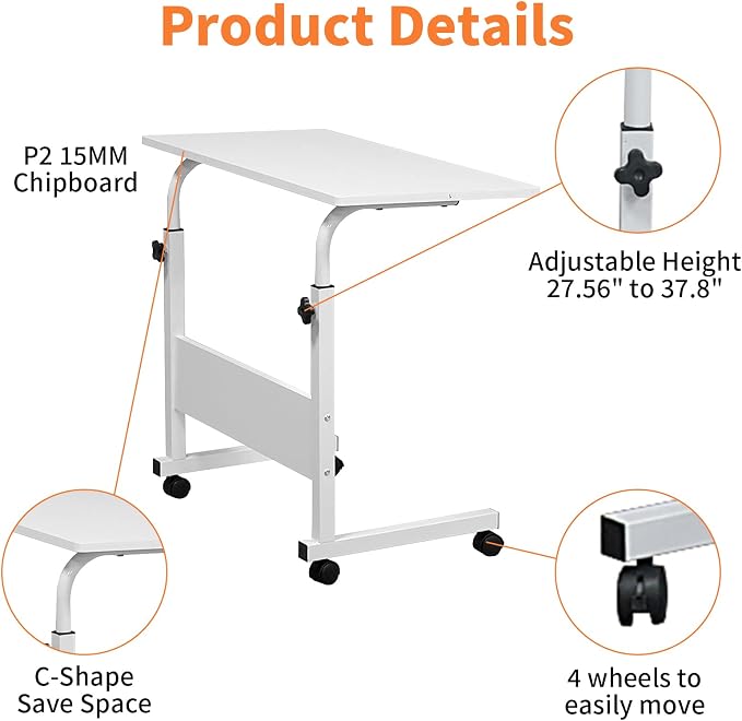 Karl home Mobile Side Table 31.5 inch Computer Desk with Wheels, White - Image 4
