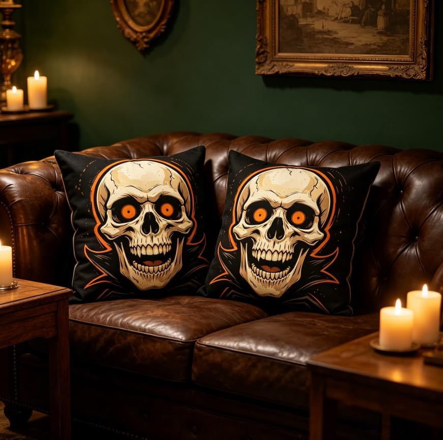 Halloween Skull Throw Pillow Covers, Linen, 18x18 Inch, Set of 2, Black and Orange Decorative Covers for Living Room - Image 2
