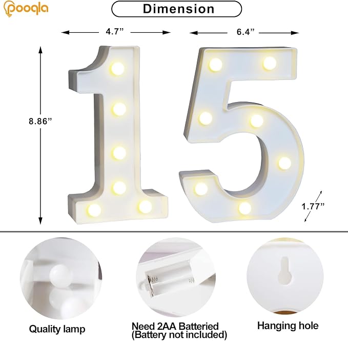 Pooqla 15th Birthday Decoration for Girls Boys, Decorative LED Light Up Numbers, Marquee Numbers 15 Sign for Party Backdrop 15th Wedding Anniversary Decor, Warm White and Cool White Number 15 - Image 5