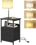 Fixwal Bedside Table with 3 Color Temperature Reading Light, Nightstand with LED Light & Charging Station End Table with Adjustable Fabric Drawer for Bedroom, Dorm, Black by Fixwal
