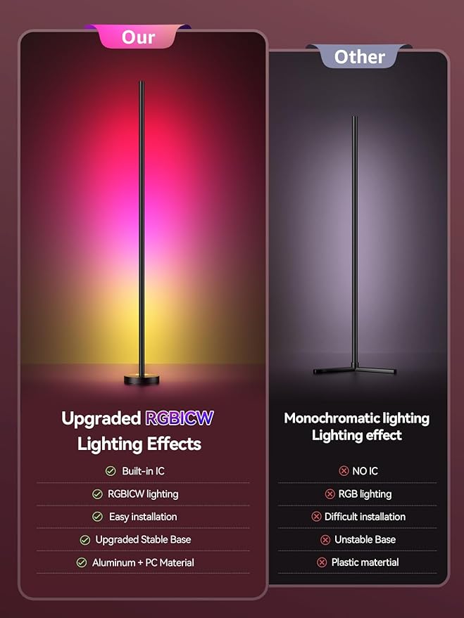 OIYN Smart RGBICW LED Corner Floor Lamp 2 Pack - 16 Million DIY Colors, 68+ Scenes, Music Sync, App & Remote Control, Color-Changing Ambient Lighting for Living Rooms, Bedrooms, and Gaming Rooms - Image 6