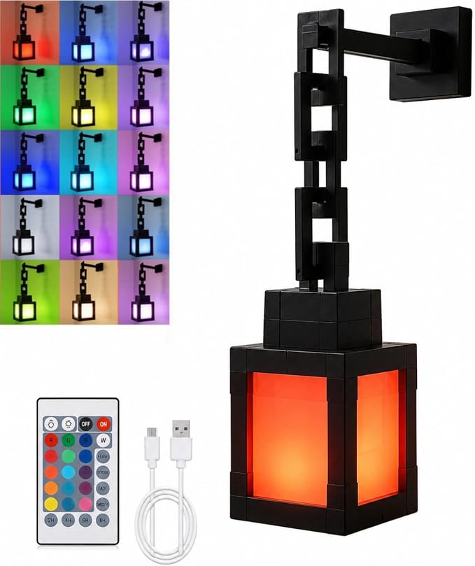 Pixelated Lantern RGB Night Light, 16 Color Rechargeable LED Wall Lamp with Remote, Secure Screw Mount, Block Style Hanging Lantern Decor for Game Room, Bedroom, Desk & Gaming Setup by Unknown