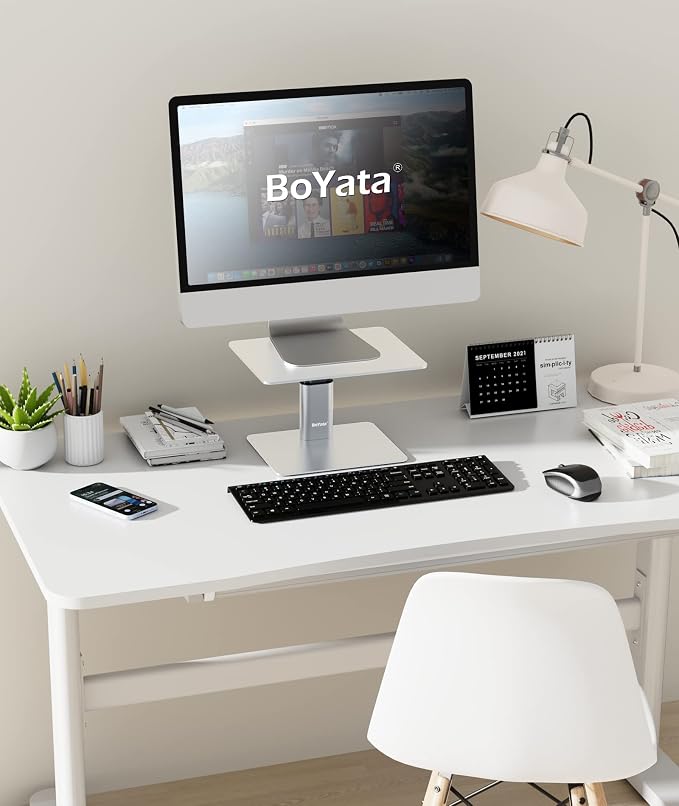 BoYata Monitor Stand, Adjustable Height Metal Desktop Riser, Silver | Height-Adjustable Metal Riser with Open Storage Space Underneath for Monitors, Laptops, iMacs, PCs and TVs - Image 7