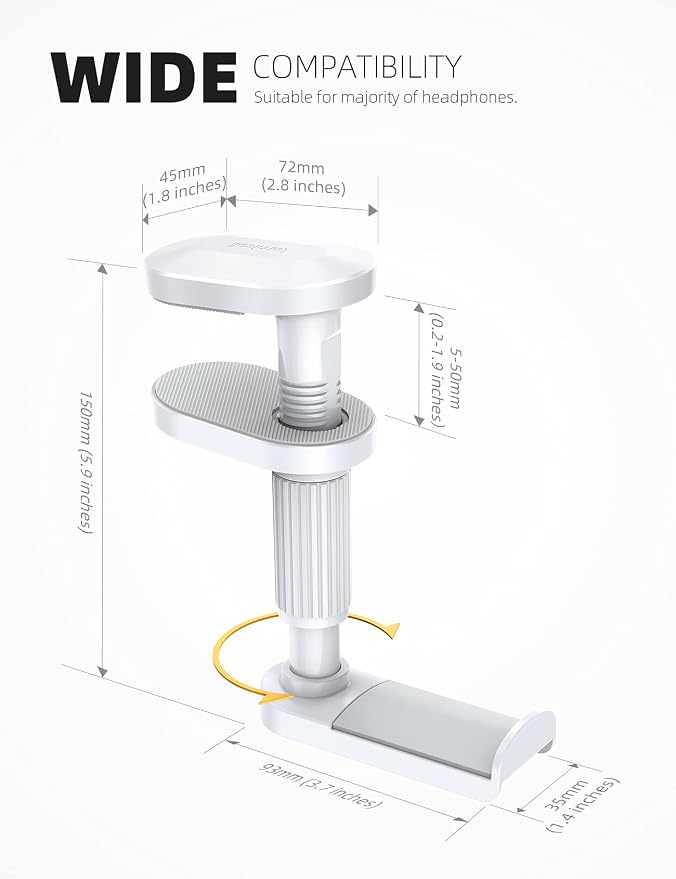 Lamicall Headphone Stand, Headset Holder - [2025 Upgarded] 360° Rotating Headphone Hanger, Earphone Holder Hook Mount Clamp Under Desk for Airpods Max, Sennheiser, More, White - Image 5