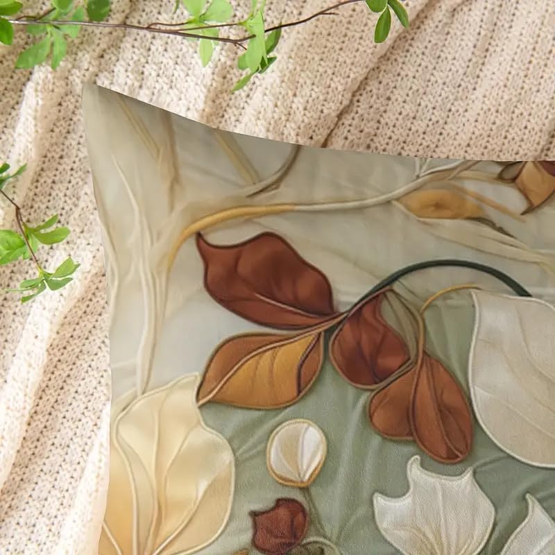 Decorative Throw Pillow Covers, Vintage Floral Pattern in Sage Green and Brown, 2 Pack Square Cushion Cases with Autumn Leaves Design，20x20 Pillows Linen Pillowcase - Image 2