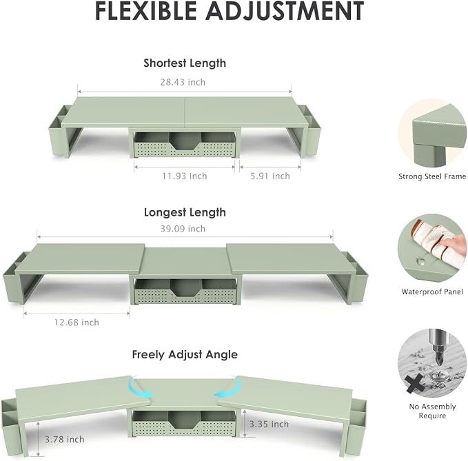 OPNICE Desk Organizers and Accessories, Dual Monitor Stand Riser with Drawer and 2 Pen Holders, Desk Shelf Computer Racks for Office Workspace Organizers, Desktop Organization (Sage Green) - Image 3