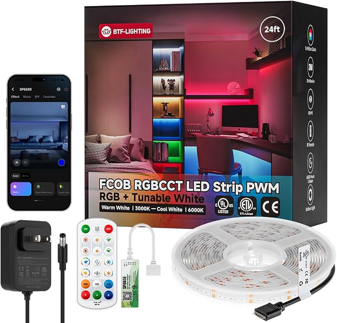 BTF-LIGHTING UL Listed RGBCCT COB LED Strip Light, DC24V 24FT RGB+Tunable White 3000K-6000K Color Changing LED Strip Light, with Remote/Bluetooth Music Controller for Home Party Indoor DIY Lighting by BTF-LIGHTING