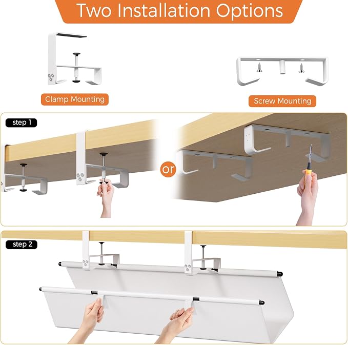 Under Desk Cable Management Tray, 28" Fabric Wire Cord Organizer, White - Image 7