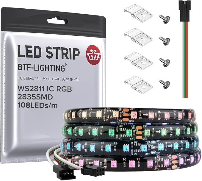 BTF-LIGHTING IP65 WS2811 IC RGB 9.8FT DC24V 108LED/m 8mm Width LED Strip by BTF-LIGHTING