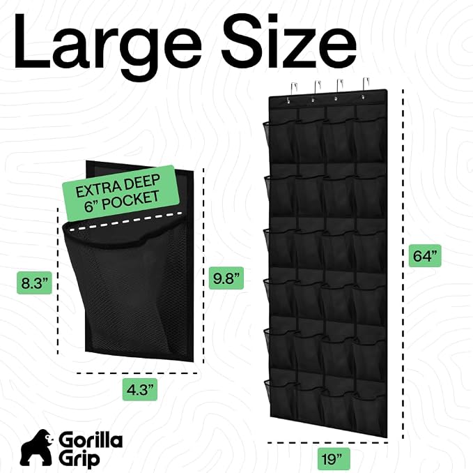 GORILLA GRIP Over the Door Shoe Organizer, 24 Extra Large Pockets, Black - Image 7
