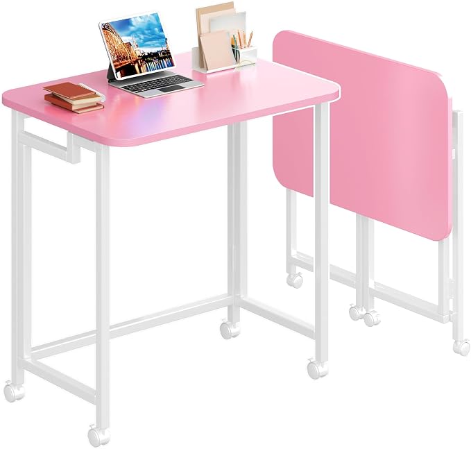 4NM 23.6" Mobile Small Rolling Computer Desk, Folding Laptop Cart Table with Wheels, Portable Office Desk for Small Space Couch Bed - Pink and White by 4NM