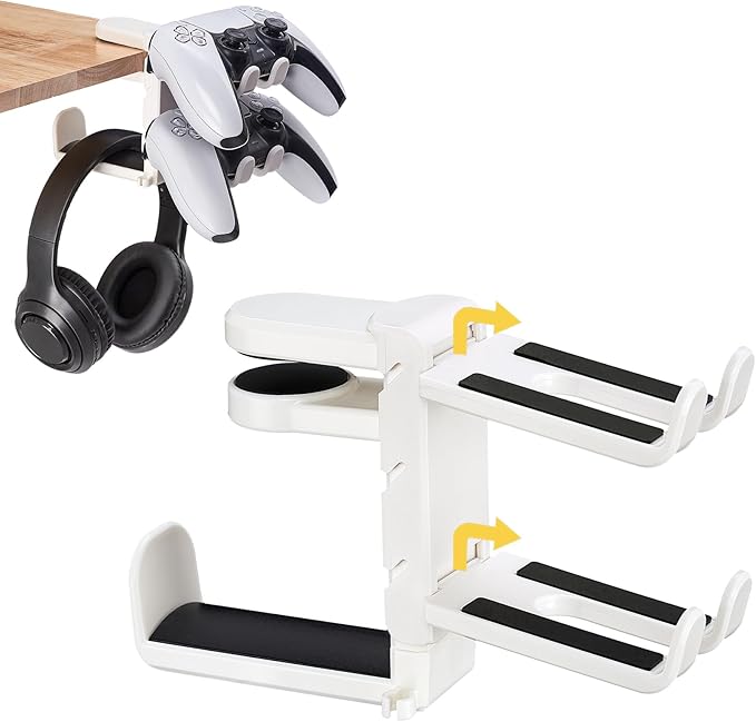 3-in-1 Under Desk Headphone Hanger with Adjustable Clamp Mount, 2 Controller Slots & 1 Headset Universal Holder Stand, Rotatable Hook Rack & Cable Organizer, for Home Gaming Xbox ps5 - White by Unknown